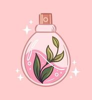Elegant kawaii perfume bottle with exquisite botanical design, providing an aesthetically pleasing appearance. illustration in sketch style. For sticker, packaging, design element vector