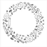 Cinnamon sticks, almond seeds, dried apple slices and berries round wreath painted by black inks. Winter ingredients monochrome frame for desserts, drinks. Empty space for text vector