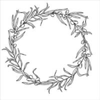 Sea buckthorn wreath hand drawn isolated illustration painted by black inks. Juicy autumn berries on branch with leaves round frame. Empty space for text. For birthday cards, poster, prints vector