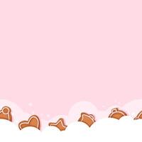 Seamless border of scattered translucent flour and Christmas gingerbread cookies on a pink background vector