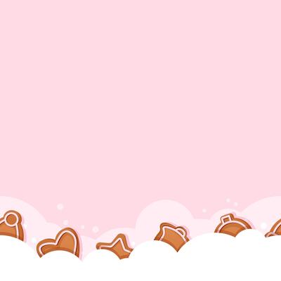 Seamless border of scattered translucent flour and Christmas gingerbread cookies on a pink background