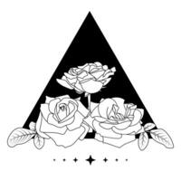 Floral geometric illustration. Black contour on a white background. Rose composition with black triangle shape and stars. Design element, Valentine, cards, invitations, print, coloring pages, web vector