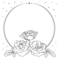 Floral stylized frame. A composition of three roses with leaves, black circle contour, black stars. Flat silhouettes isolated on a white background. Design element, coloring book pages, print, digital vector