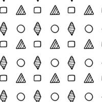 Geometric endless ornament. Various geometric shapes, triangle, rhombus, circle, square, hatching lines. Black contour shapes isolated on a white background. Seamless, print, textile, paper, fabric vector