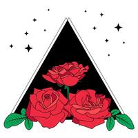 Floral aesthetic composition. Rose bouquet, flowers and leaves, triangle, stars. Red, pink, green, simple colors, black contour, on a white, isolated design element. Valentine, wedding, web, print vector