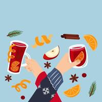 Winter drinks greeting card. Hands with a mug of mulled wine. vector