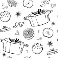Mulled wine seamless pattern. Punch in pan, apple, spices. Sketch style background. vector
