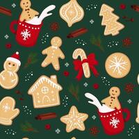 Christmas cookies gingerbread. New year festive seamless pattern green background. vector