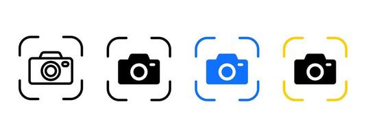 Camera focus icon. Focusing frame with photo camera illustration. Sharpened capture symbol. Photo scan sign. Target image pictogram. Picture shooting concept. Web interface button. vector