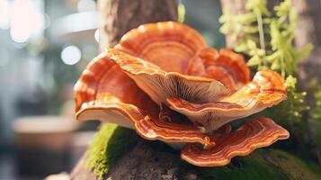 red reishi mushrooms close up on tree trunk growing in nature Ganoderma lucidum Translucid Mushroom, lingzhi mushroom Supplements adaptogen Alternative Oriental Medicine photo