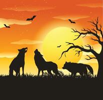 sun background with silhouette of wolves vector