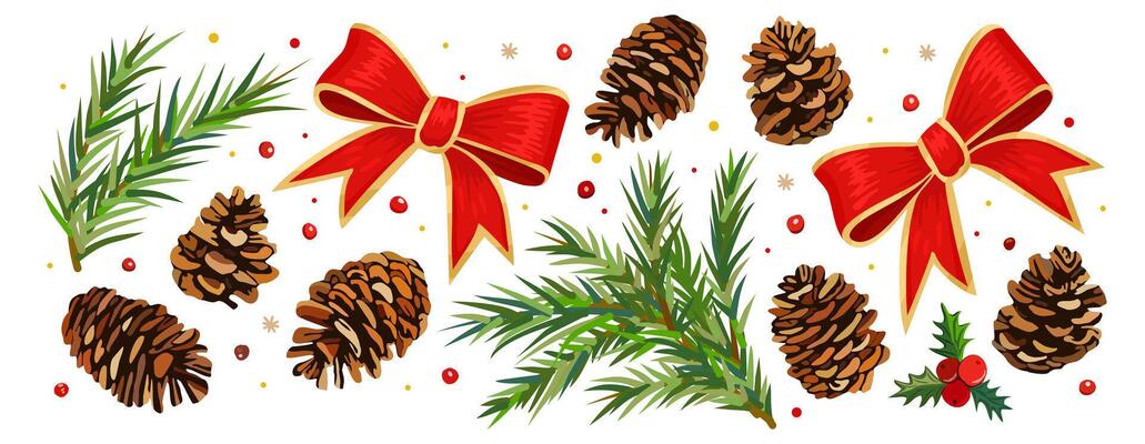 Christmas collection. Christmas tree branches, holly berries, red bows, cones and confetti. holiday elements isolated on white background.