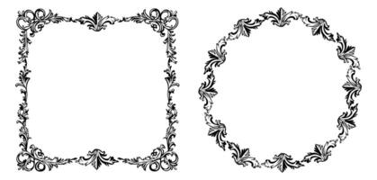 Retro baroque decorative square and rounded frames isolated on white background. Black and white elements vector
