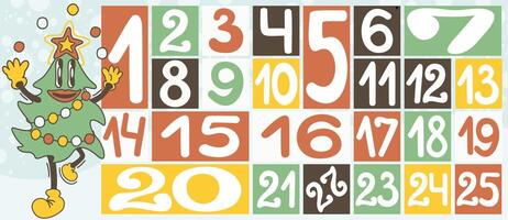 Advent calendar. Countdown to Christmas decorated with retro cartoon groovy Christmas tree vector