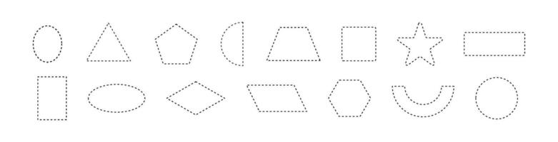 Ornamental dashed line border in geometric frame. Outline elements for coupon cut out with circular and rectangular shapes. Flat illustration isolated on white background. vector