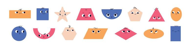 Cute basic math shapes with faces and geometric expressions. Simple forms for educational. Flat illustration isolated on white background. vector