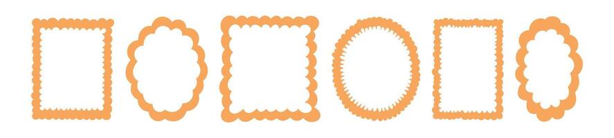 Wavy scallop edged frame shapes. Decorative border with patterned lines . Flat illustration isolated on white background. vector