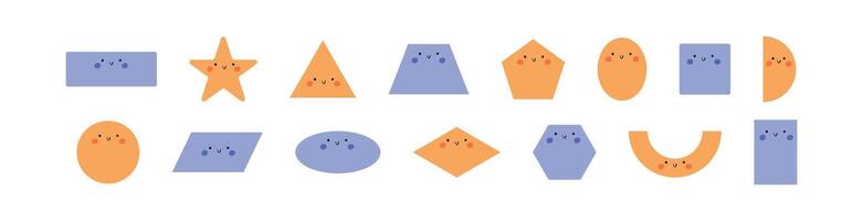 Set of cute geometric shapes with cartoon faces. square, circle, and another forms for educational math icons. Flat illustration isolated on white background. vector
