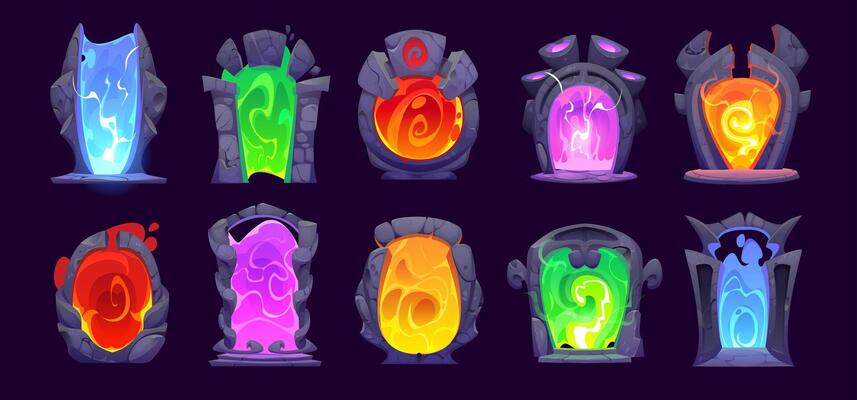 Magic portal doors, fantasy stone arch game asset