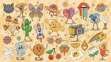 Cartoon retro funny groovy characters set vector