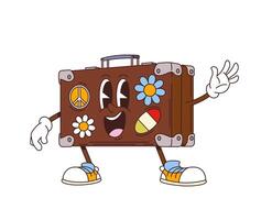Cartoon retro groovy travel suitcase character vector