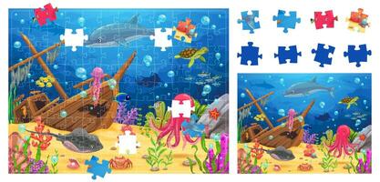 Kids jigsaw puzzle logic game with sunken ship vector