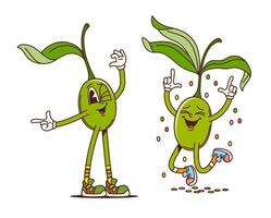 Groovy olives retro characters, funny vegetables vector
