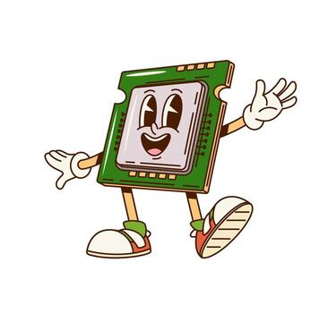 Groovy computer chip character with funny face vector