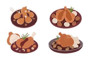 Illustration set of tender chicken dishes with various pieces and cooking styles vector
