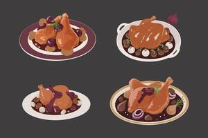 Set of tender chicken dishes with various pieces and cooking styles vector