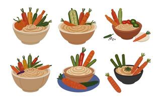 Set of Hummus and Veggie Sticks in Bowl Illustration vector