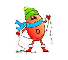 Groovy vitamin D character with Christmas lights vector