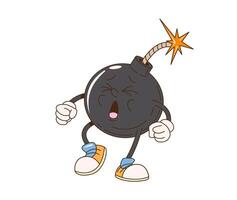 Cartoon retro groovy bomb character with lit fuse vector