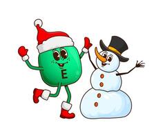 Christmas groovy vitamin E character with snowman vector