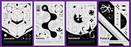 Brutalism Y2K posters, abstract retro 3D elements vector