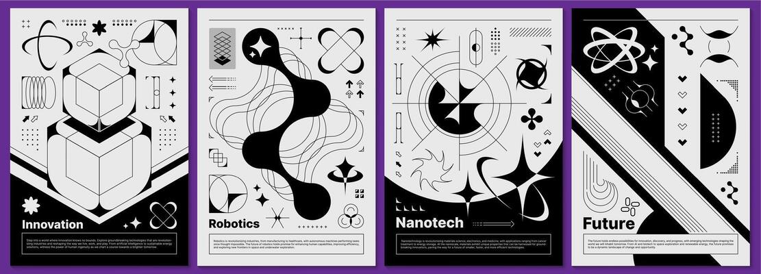 Brutalism Y2K posters, abstract retro 3D elements