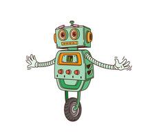 Cartoon retro groovy robot character on wheel vector