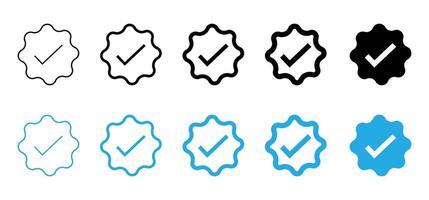 medal award icon, certificate badge with check mark icons. Quality certify in filled, thin line. Victory prize icon concept. vector