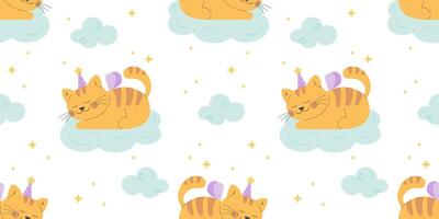 Cute fairy cat with wings on the cloud pattern vector