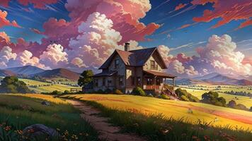 A charming countryside house stands amidst vibrant fields under a sky filled with dramatic, colorful clouds. The scene is serene, with rolling hills and lush greenery in the background video
