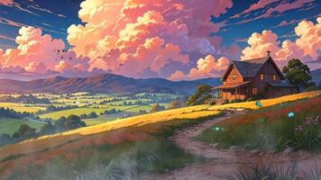 A charming countryside house stands amidst vibrant fields under a sky filled with dramatic, colorful clouds. The scene is serene, with rolling hills and lush greenery in the background video
