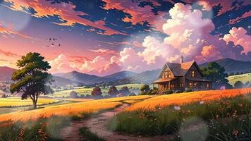 A charming countryside house stands amidst vibrant fields under a sky filled with dramatic, colorful clouds. The scene is serene, with rolling hills and lush greenery in the background video