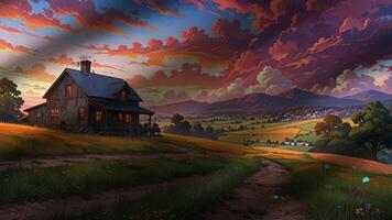 A charming countryside house stands amidst vibrant fields under a sky filled with dramatic, colorful clouds. The scene is serene, with rolling hills and lush greenery in the background video