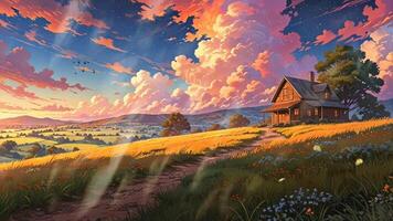 A charming countryside house stands amidst vibrant fields under a sky filled with dramatic, colorful clouds. The scene is serene, with rolling hills and lush greenery in the background video