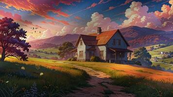 A charming countryside house stands amidst vibrant fields under a sky filled with dramatic, colorful clouds. The scene is serene, with rolling hills and lush greenery in the background video
