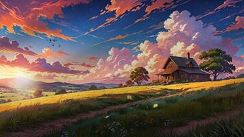 A charming countryside house stands amidst vibrant fields under a sky filled with dramatic, colorful clouds. The scene is serene, with rolling hills and lush greenery in the background video