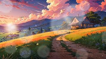 A charming countryside house stands amidst vibrant fields under a sky filled with dramatic, colorful clouds. The scene is serene, with rolling hills and lush greenery in the background video