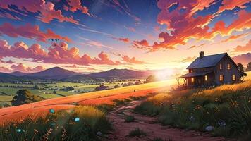 A charming countryside house stands amidst vibrant fields under a sky filled with dramatic, colorful clouds. The scene is serene, with rolling hills and lush greenery in the background video