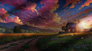 A charming countryside house stands amidst vibrant fields under a sky filled with dramatic, colorful clouds. The scene is serene, with rolling hills and lush greenery in the background video
