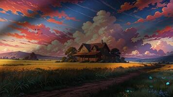 A charming countryside house stands amidst vibrant fields under a sky filled with dramatic, colorful clouds. The scene is serene, with rolling hills and lush greenery in the background video